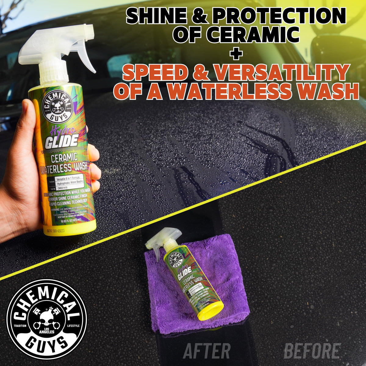 Chemical Guys HydroGlide used on glass chrome and plastic to show multi-surface versatility