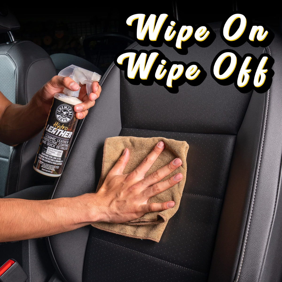Chemical Guys being applied to car seat demonstrating spill resistance benefit