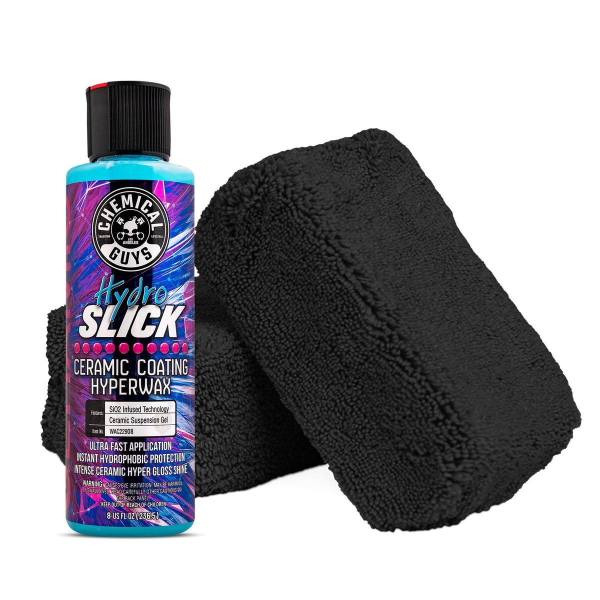 Chemical Guys HydroSlick front bottle showing label and applicators for showroom shine