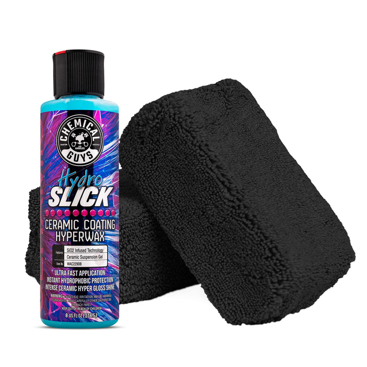 Chemical Guys HydroSlick front bottle showing label and applicators for showroom shine