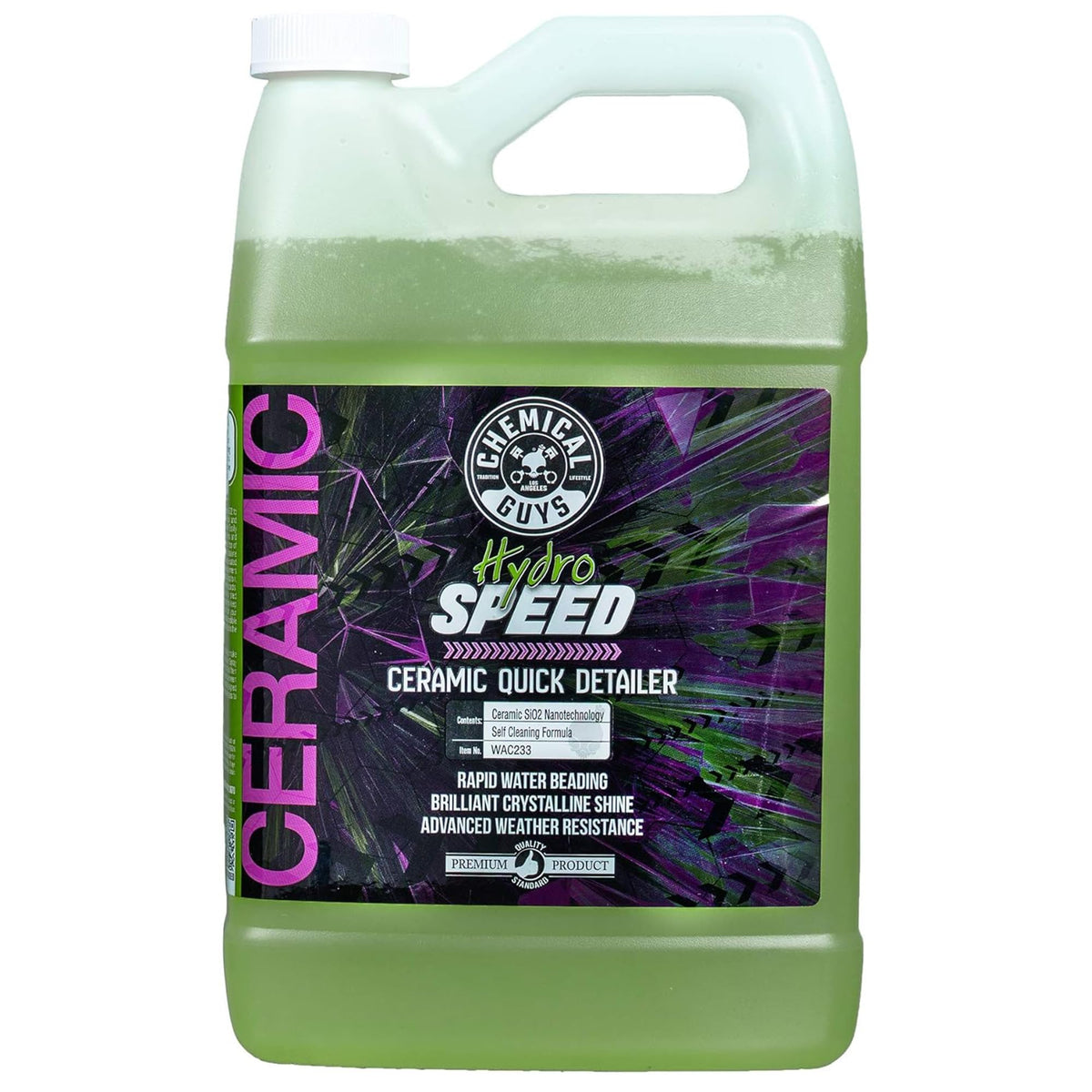 Chemical Guys front view of HydroSpeed gallon bottle showing product and benefits