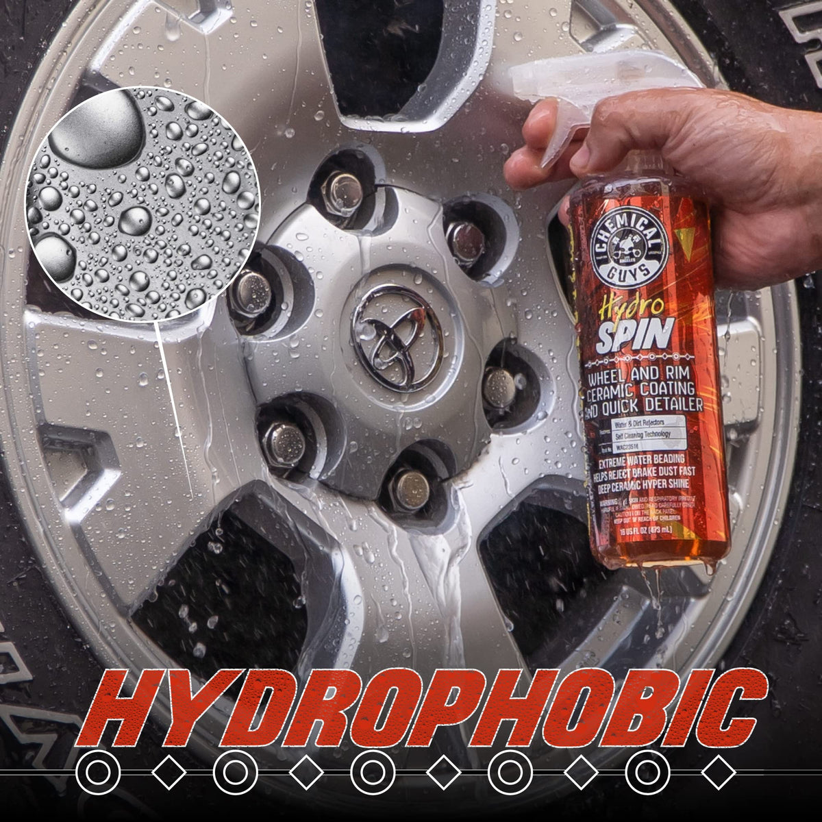 Chemical Guys HydroSpin spray nozzle close-up demonstrating easy spray application benefit
