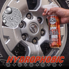 Chemical Guys HydroSpin spray nozzle close-up demonstrating easy spray application benefit