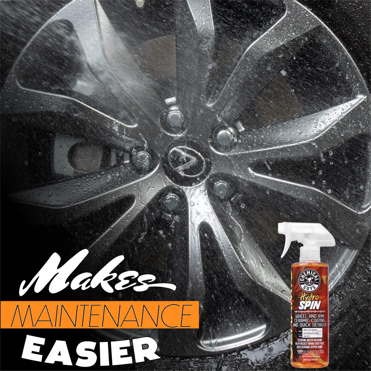Chemical Guys HydroSpin on a dry polished rim highlighting glossy finish and water beading benefit