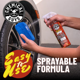 Chemical Guys HydroSpin being applied to a wheel showing protection and easy cleaning benefit