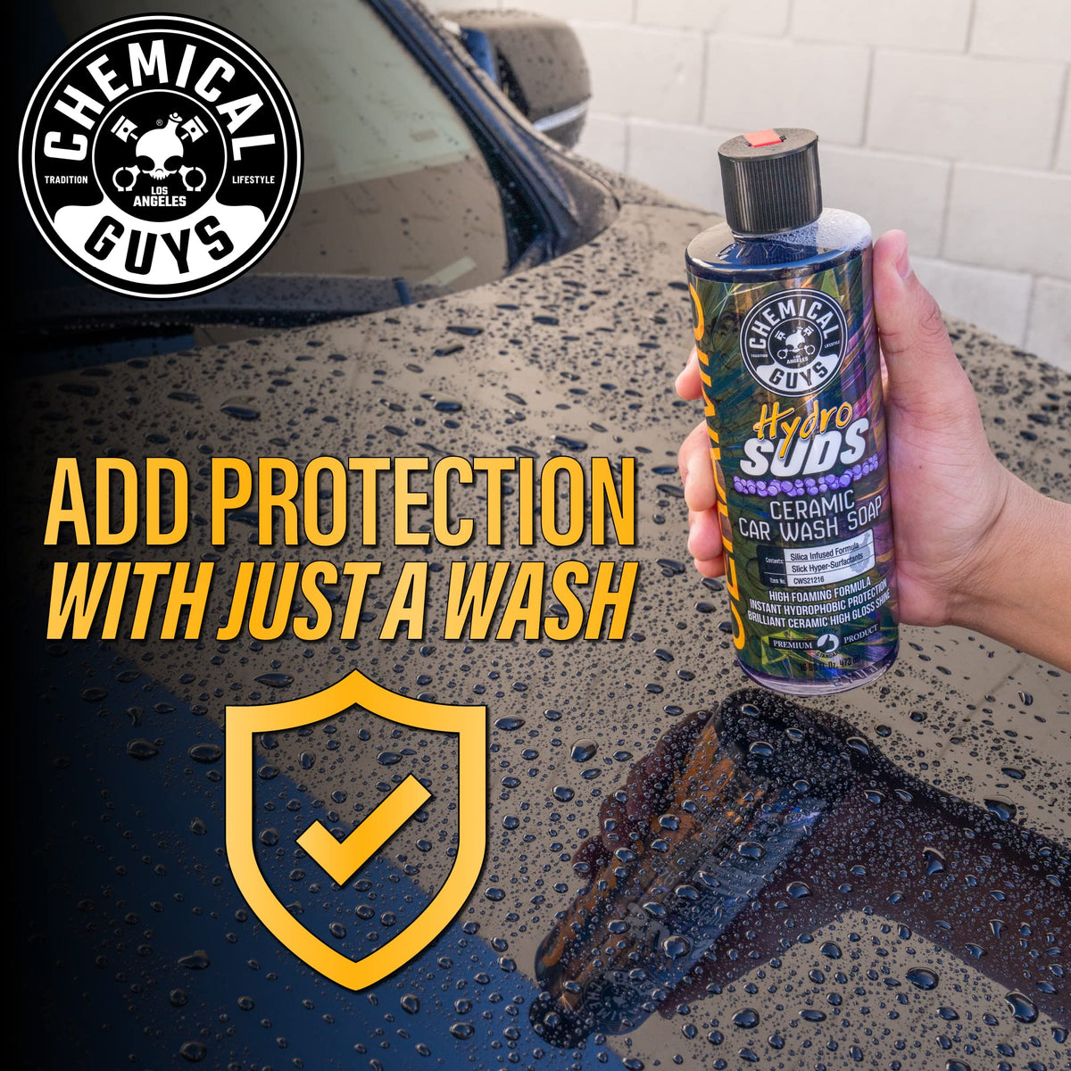 Chemical Guys HydroSuds rinsed panel showing glossy water beading