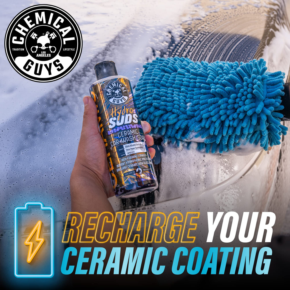 Chemical Guys HydroSuds thick foam clinging to car panel for gentle clean