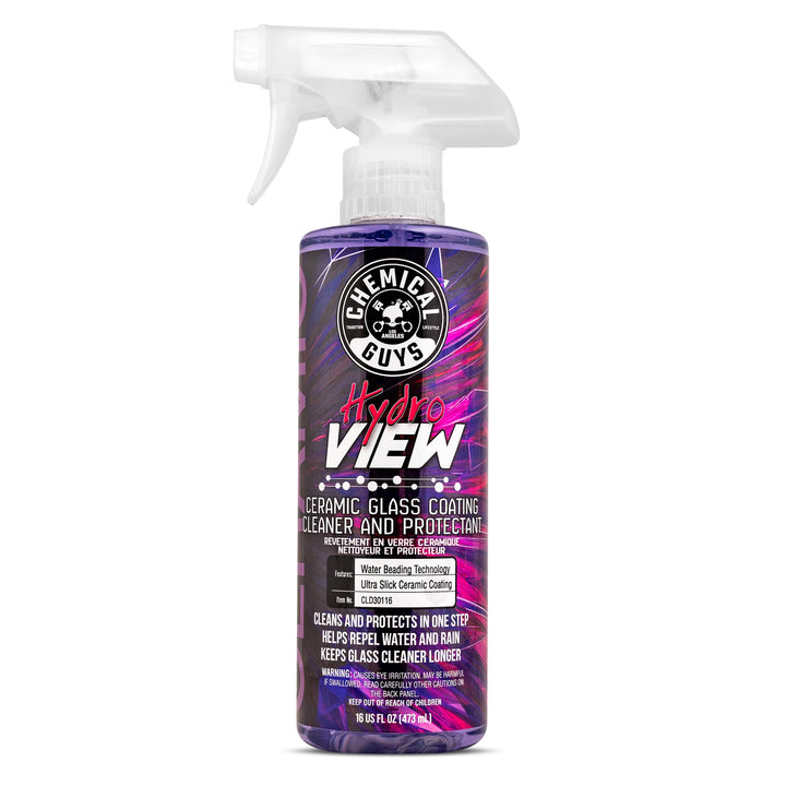 Chemical Guys HydroView front bottle showing product ready to clean glass
