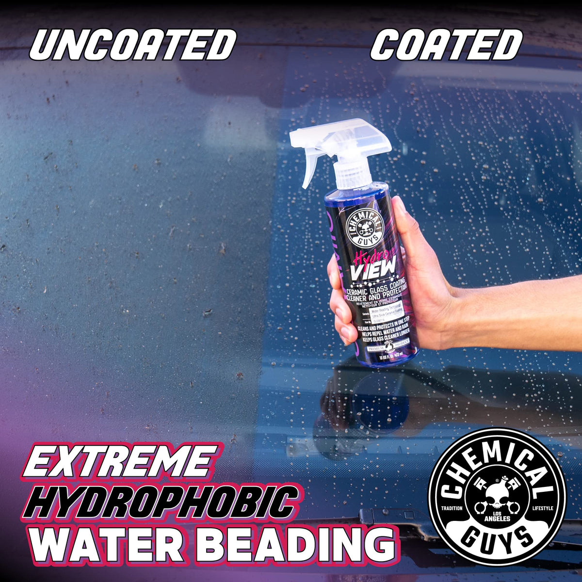 Chemical Guys HydroView spray being applied to windshield for fast cleaning