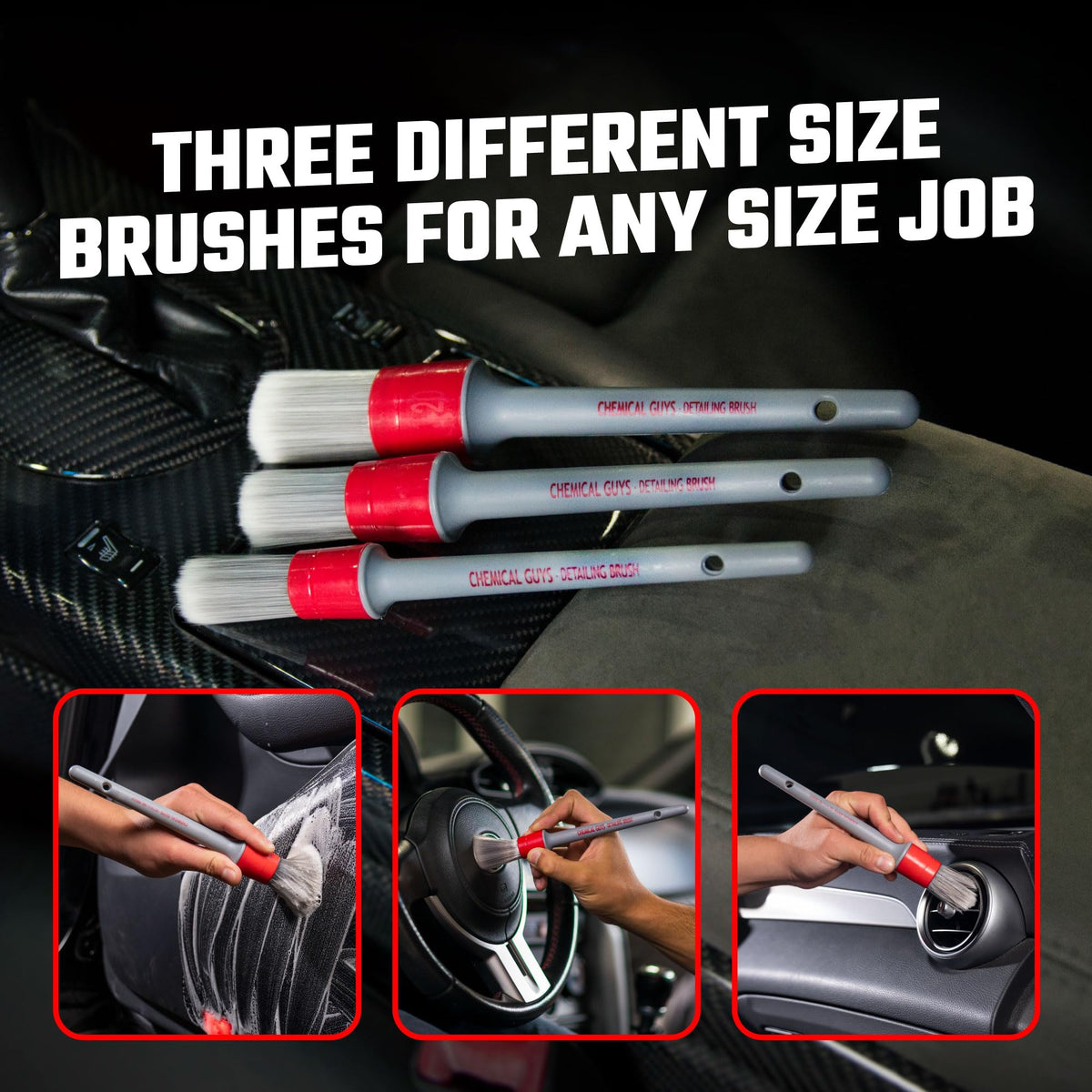 Chemical Guys brush cleaning car vent demonstrating reach into tight crevices