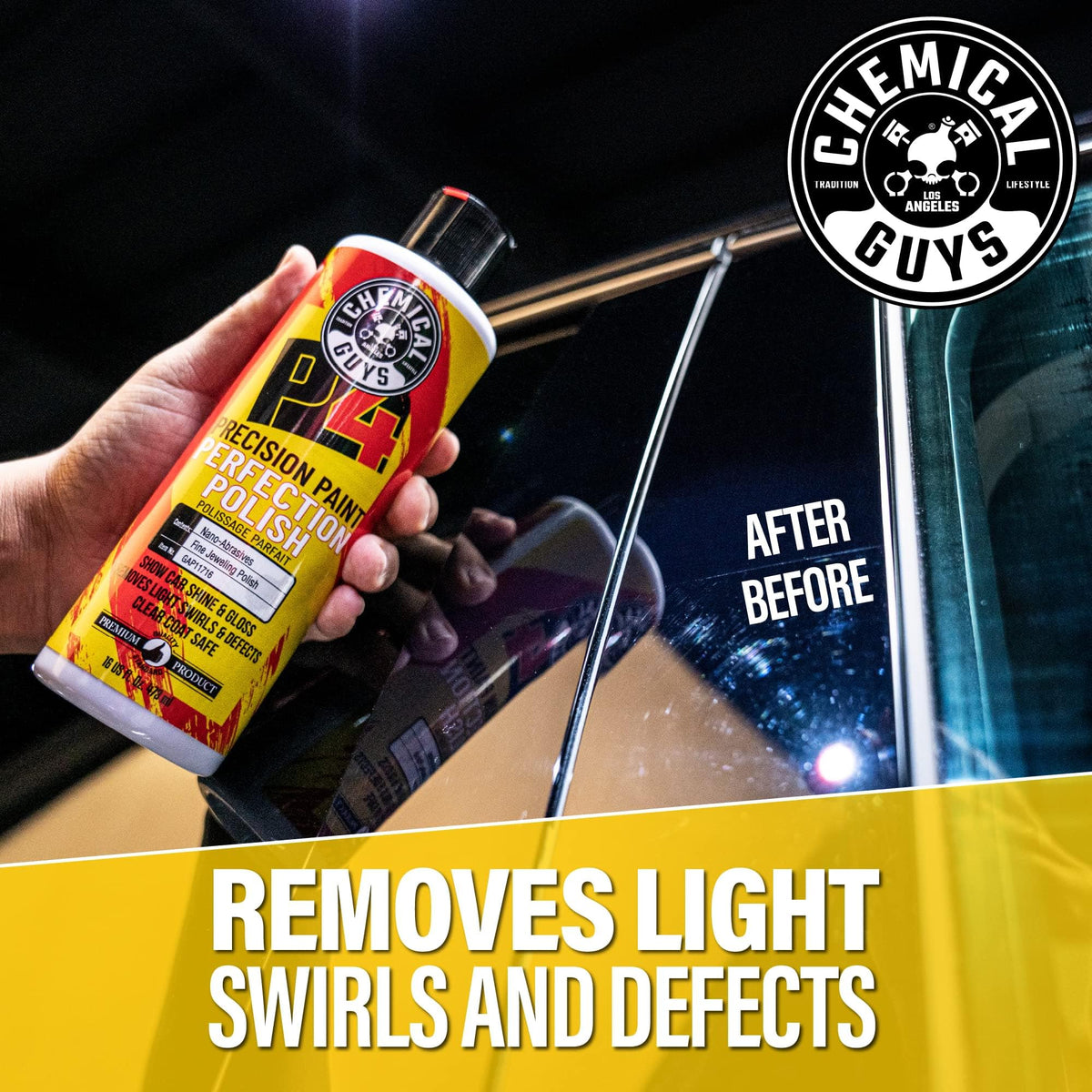 In-use dual-action polisher applying product for Chemical Guys efficient correction