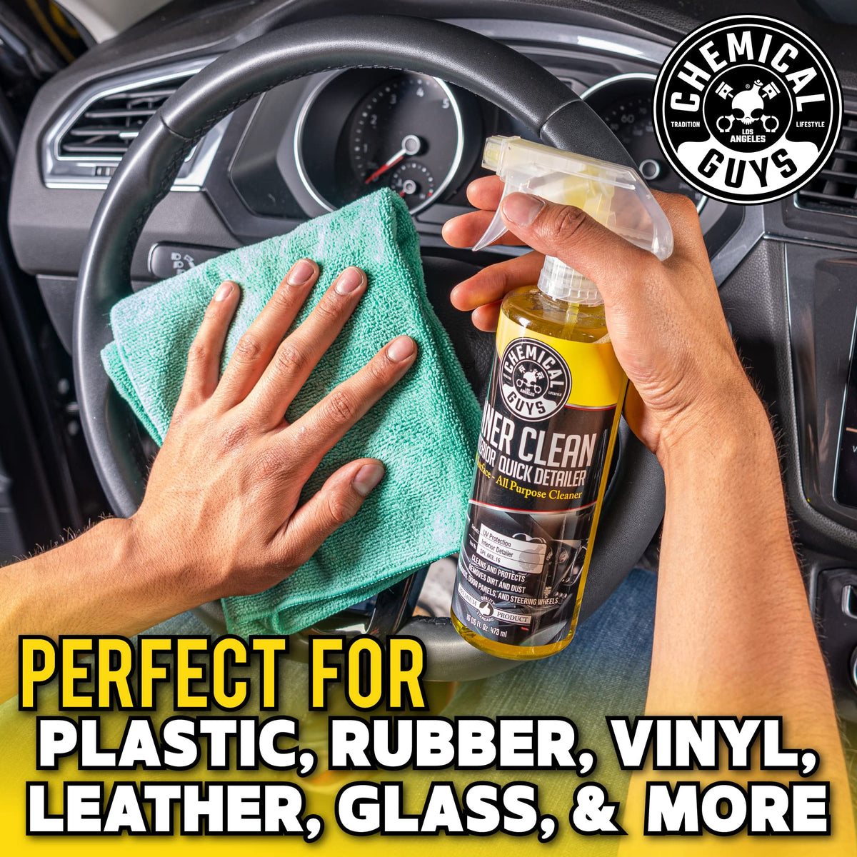 Chemical Guys InnerClean dashboard before and after cleaning showing reduced dust