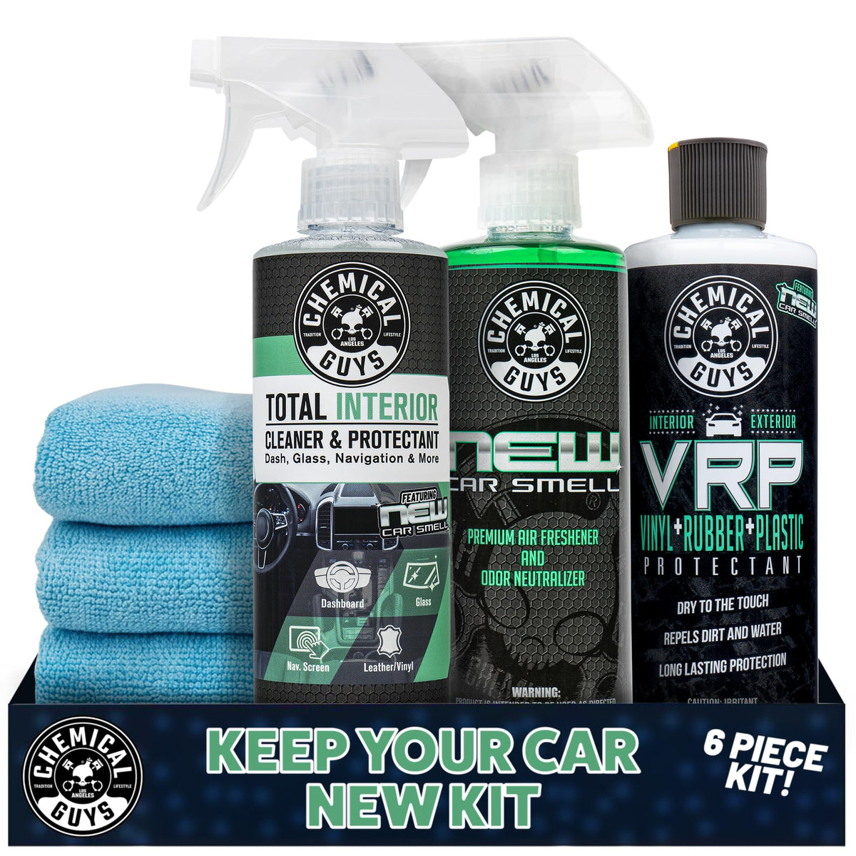 Chemical Guys kit box showing contents and new car scent benefit