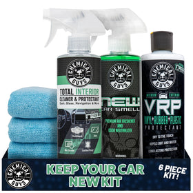 Chemical Guys kit box showing contents and new car scent benefit