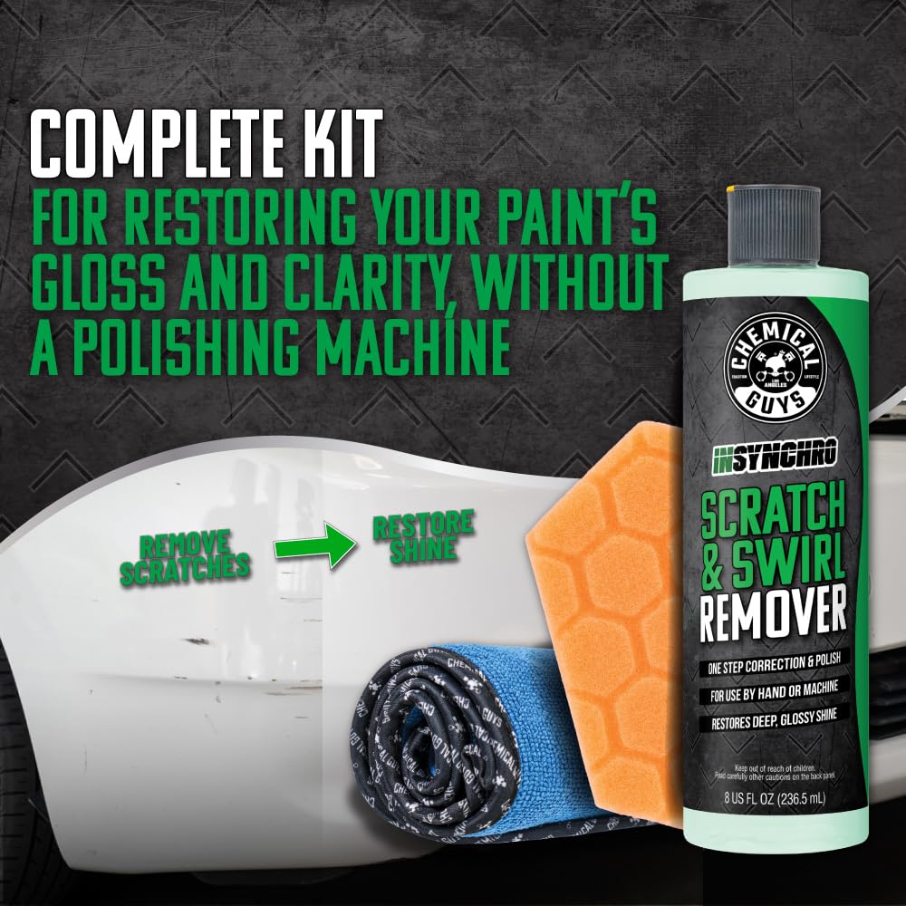 Chemical Guys kit flatlay of bottle, pad, towel displaying all-in-one convenience