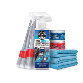 Chemical Guys 9-piece kit front packaging showing included cleaner and tools for complete interior cleaning