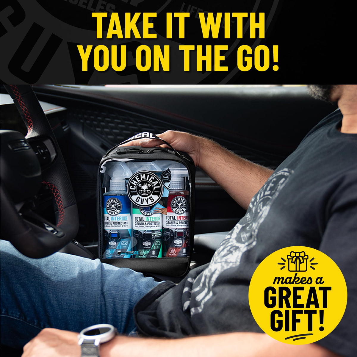 Chemical Guys kit shown in car trunk for scale, compact storage and travel-ready benefit