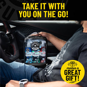 Chemical Guys kit shown in car trunk for scale, compact storage and travel-ready benefit