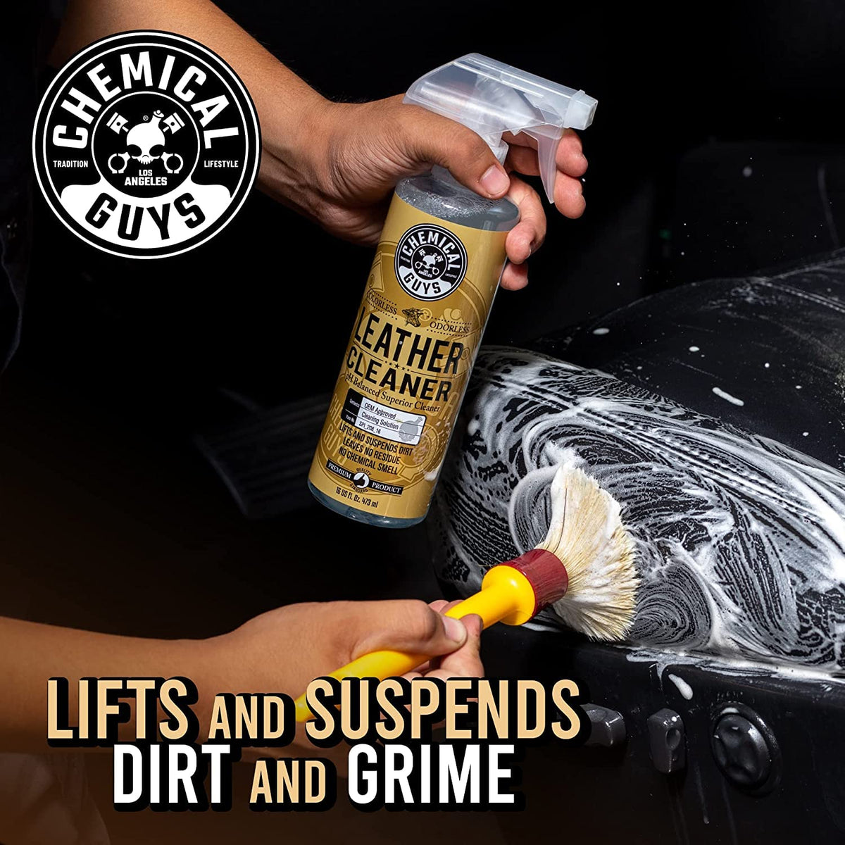 Chemical Guys leather cleaner close-up showing texture and applicator benefit