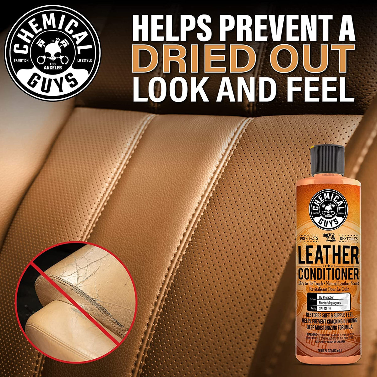 Chemical Guys leather conditioner bottle detail highlighting Vitamin E benefit