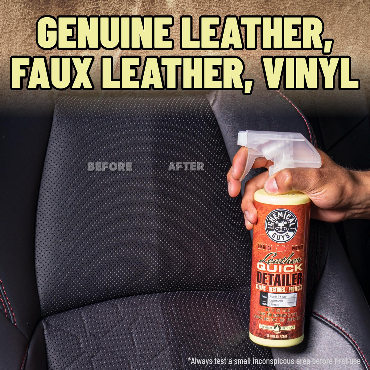 Chemical Guys spraying a leather jacket to clean and maintain suppleness
