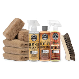 Chemical Guys kit front packaging showing complete leather care tools and bottles for convenient use