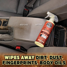 Chemical Guys used with microfiber cloth to gently wipe leather surface