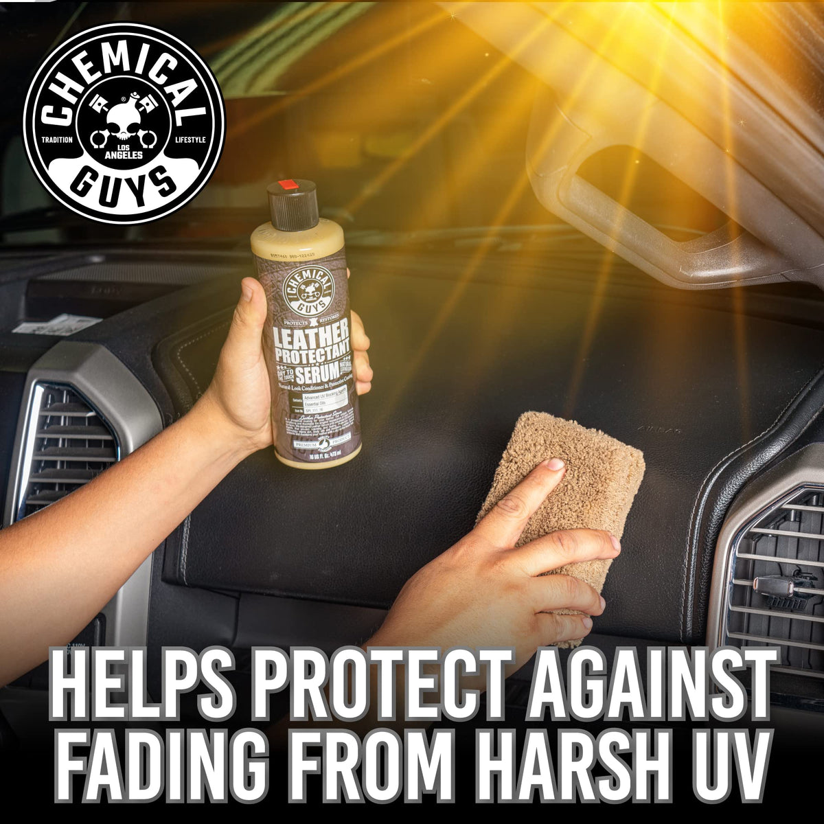 Chemical Guys leather-scent air freshener bottle providing fresh aroma