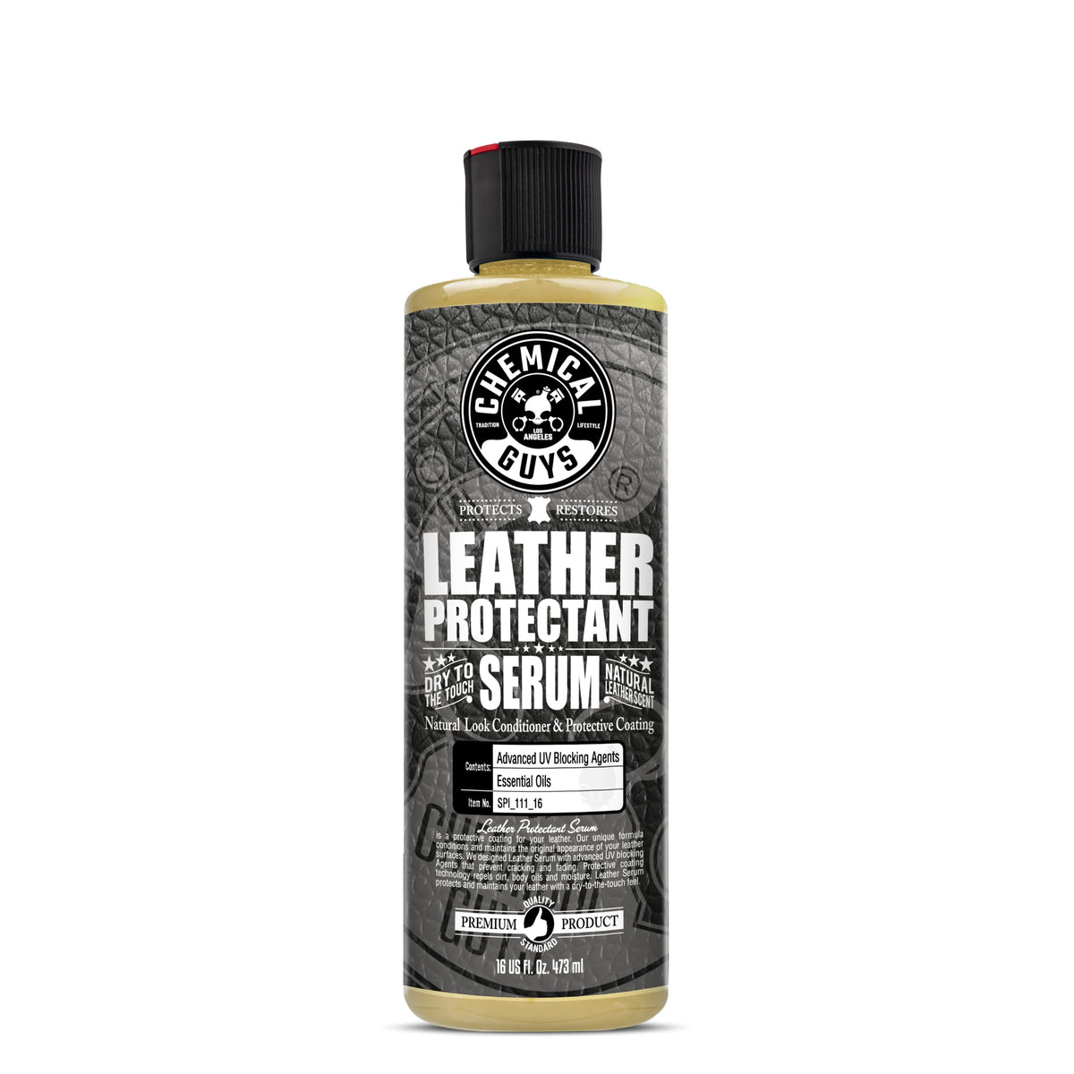Chemical Guys front label of 16 oz serum showing product identity and usage benefit