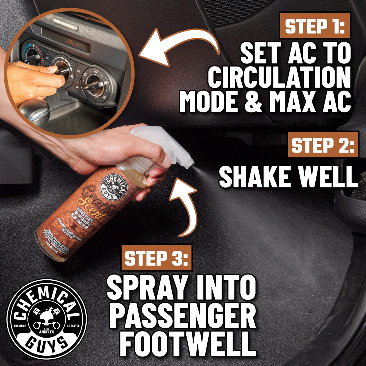 Chemical Guys kit in car interior lifestyle shot, creates inviting cabin atmosphere