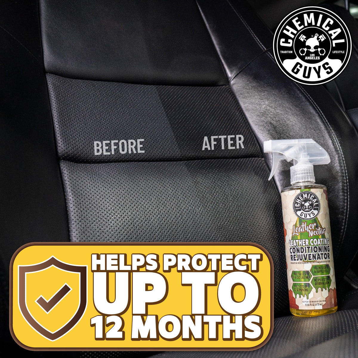 Chemical Guys product in a vehicle interior showcasing protected leather and refreshed look