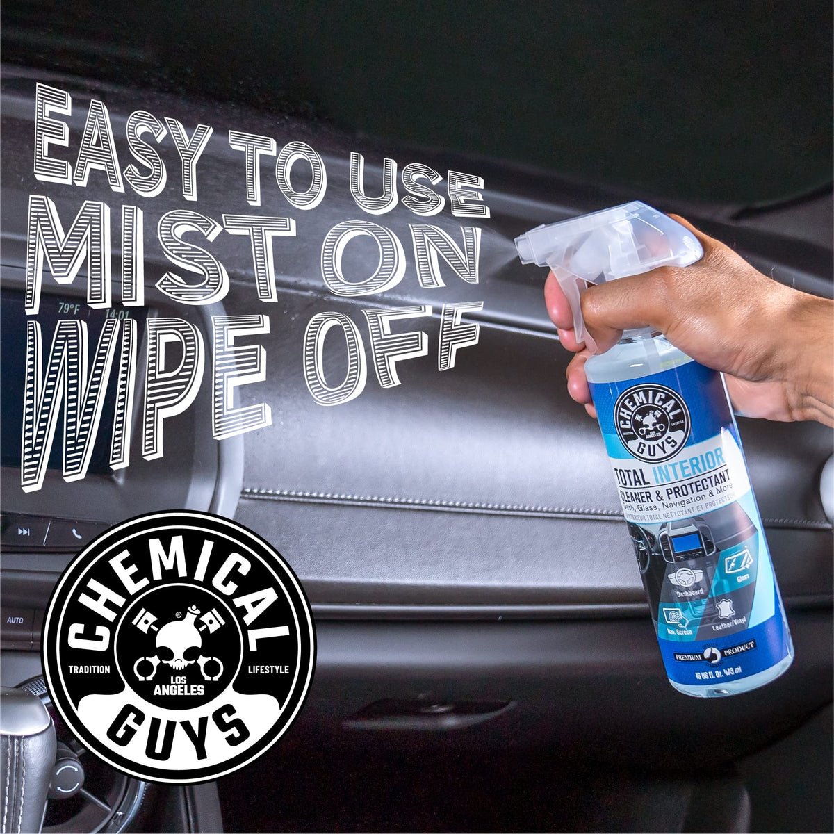 Chemical Guys in a lifestyle car interior scene showing a clean, inviting cabin