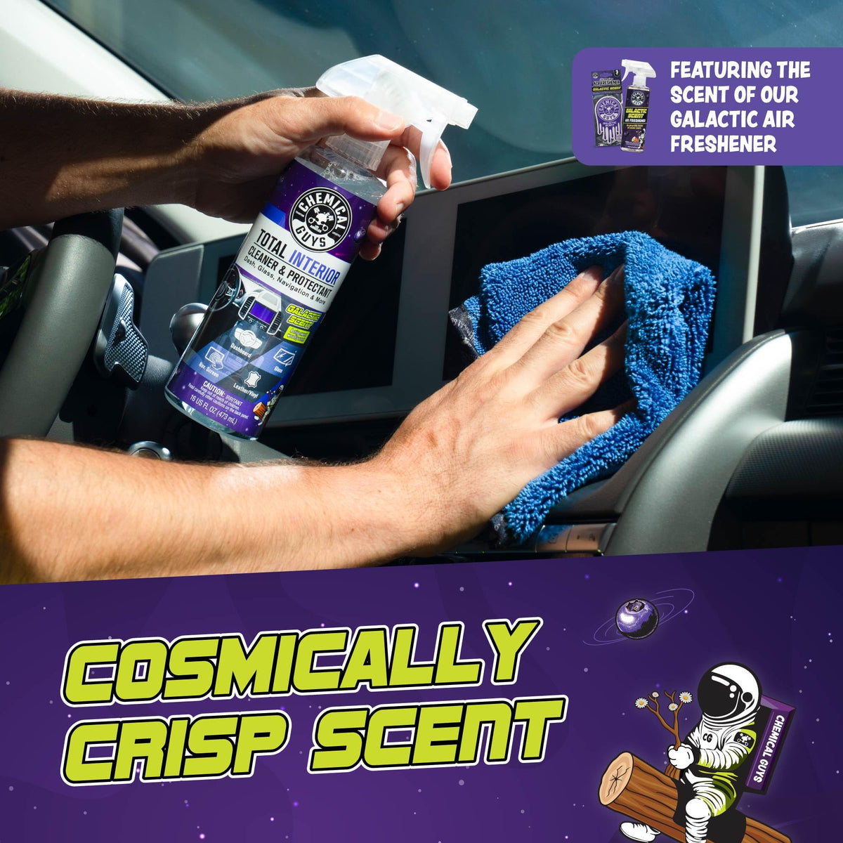 Chemical Guys cleaning interior in a car cabin for fresh scent