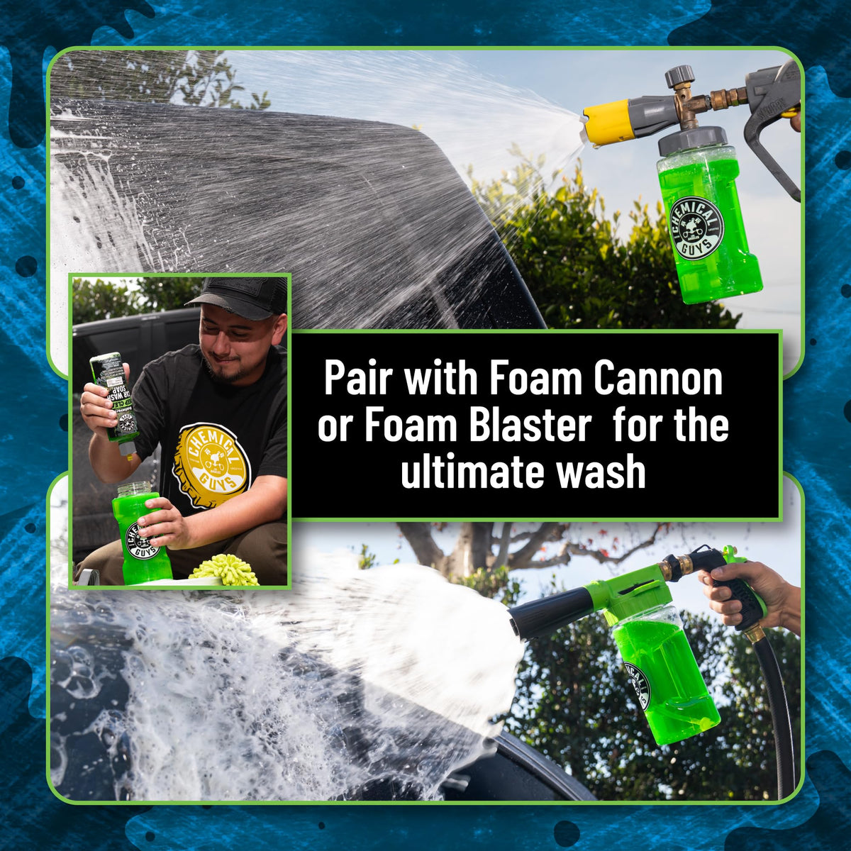Chemical Guys in-use on driveway with vehicle being washed, showing professional clean results