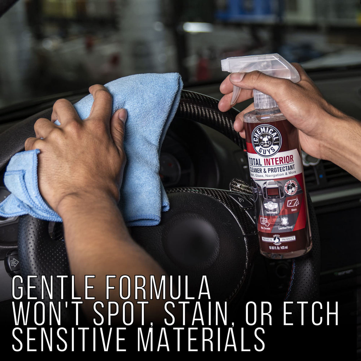 Chemical Guys in vehicle interior conveying fresh scent and clean cabin benefit
