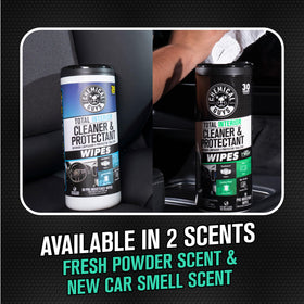 Chemical Guys wipes used in car during road trip for fresh scent and tidy cabin