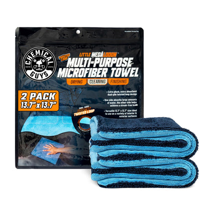 Chemical Guys Little Megalodon front packaging showing two compact microfiber towels for convenient storage