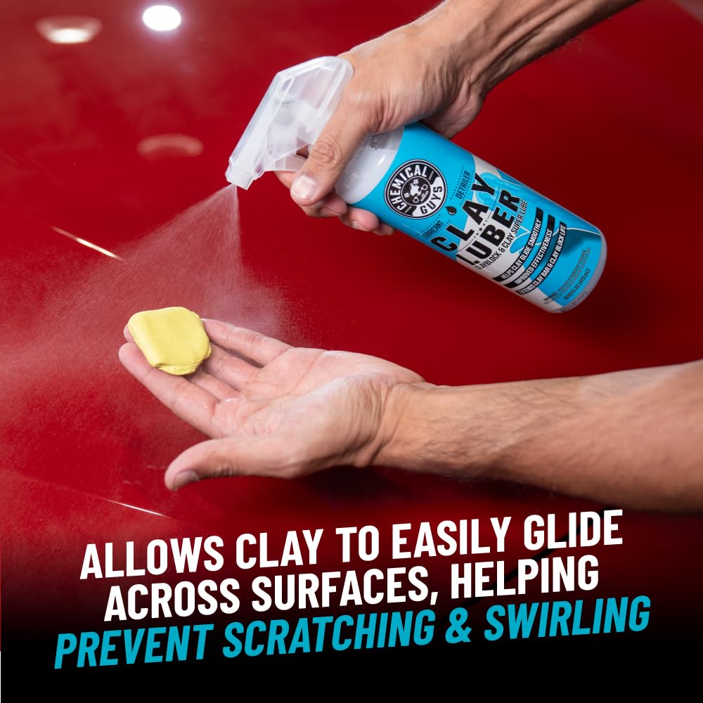 Chemical Guys lubricant spray in hand demonstrating smooth claying action