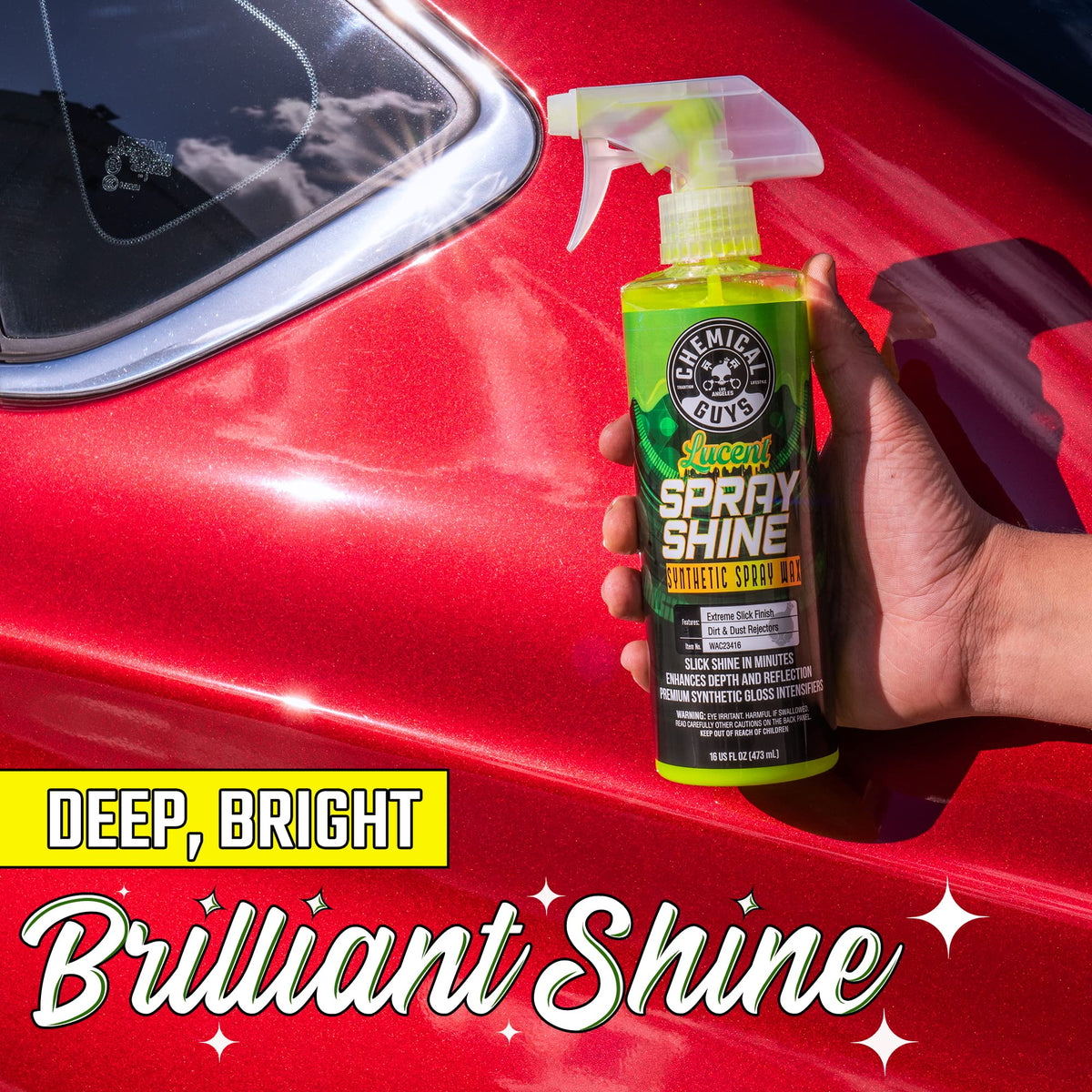 Hand using Chemical Guys spray to quickly apply gloss and save detailing time