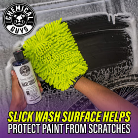 Chemical Guys before-and-after car panels showing improved shine