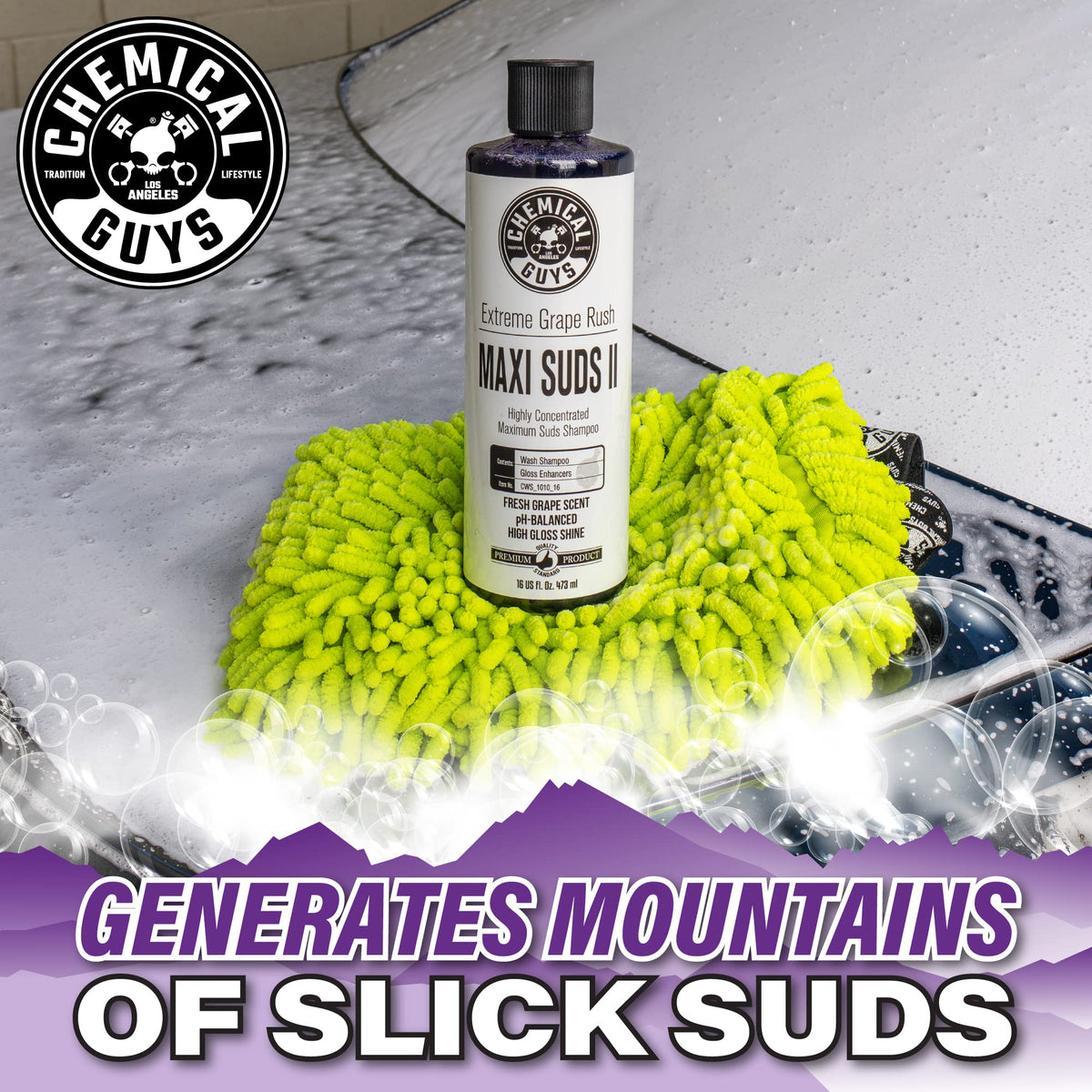 Chemical Guys foam on microfiber mitt cleaning paint with lubrication