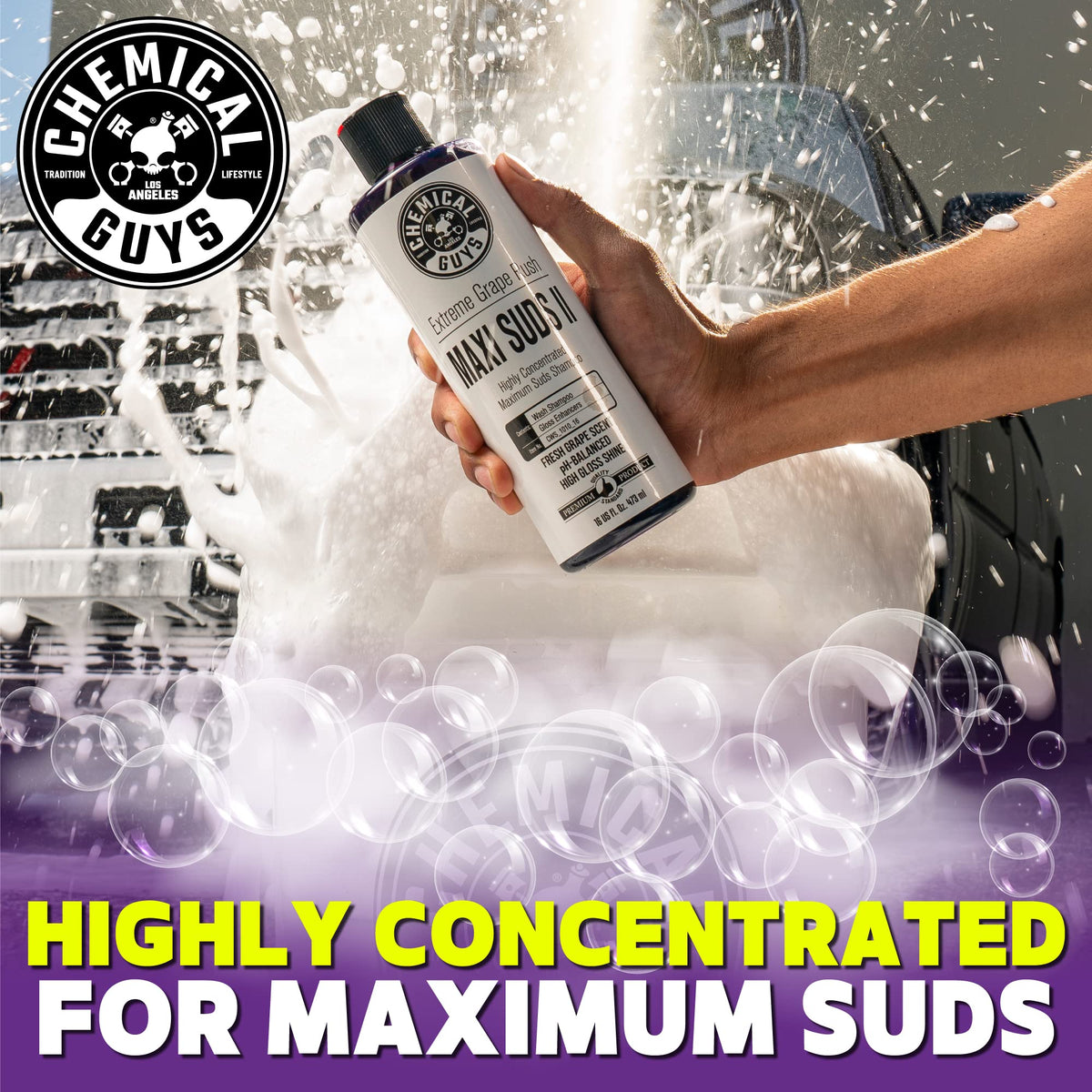 Chemical Guys pouring Maxi Suds II into wash bucket for concentrated use