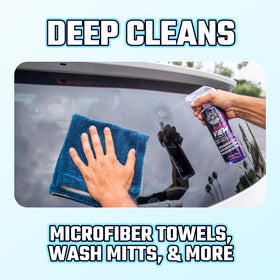 side-by-side microfiber before and after Chemical Guys wash, visible removal of grime and wax