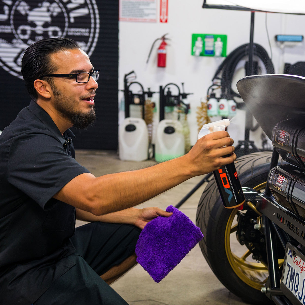 Chemical Guys being buffed with microfiber towel to produce streak-free high gloss