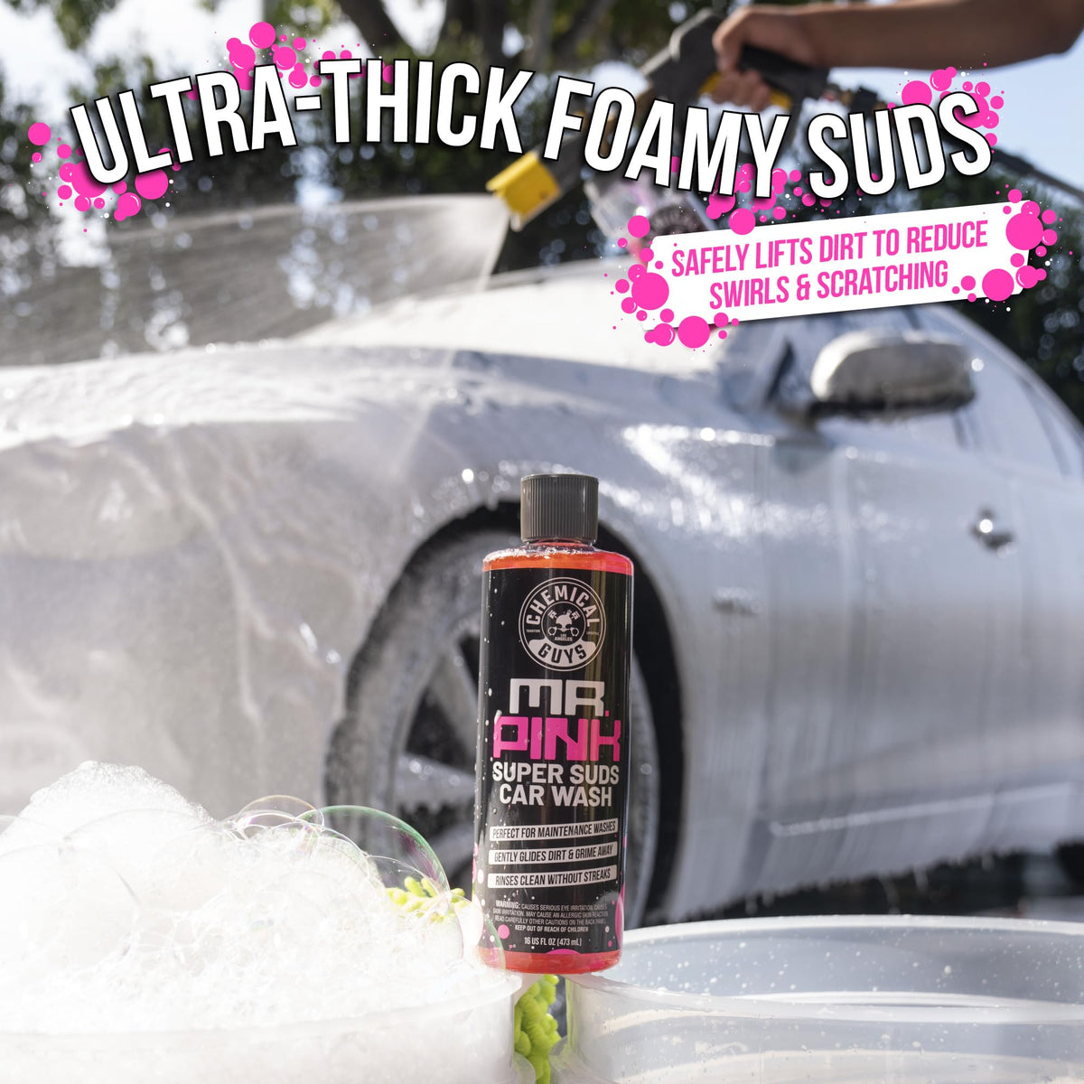 Chemical Guys Mr. Pink pouring thick foam to lift dirt efficiently