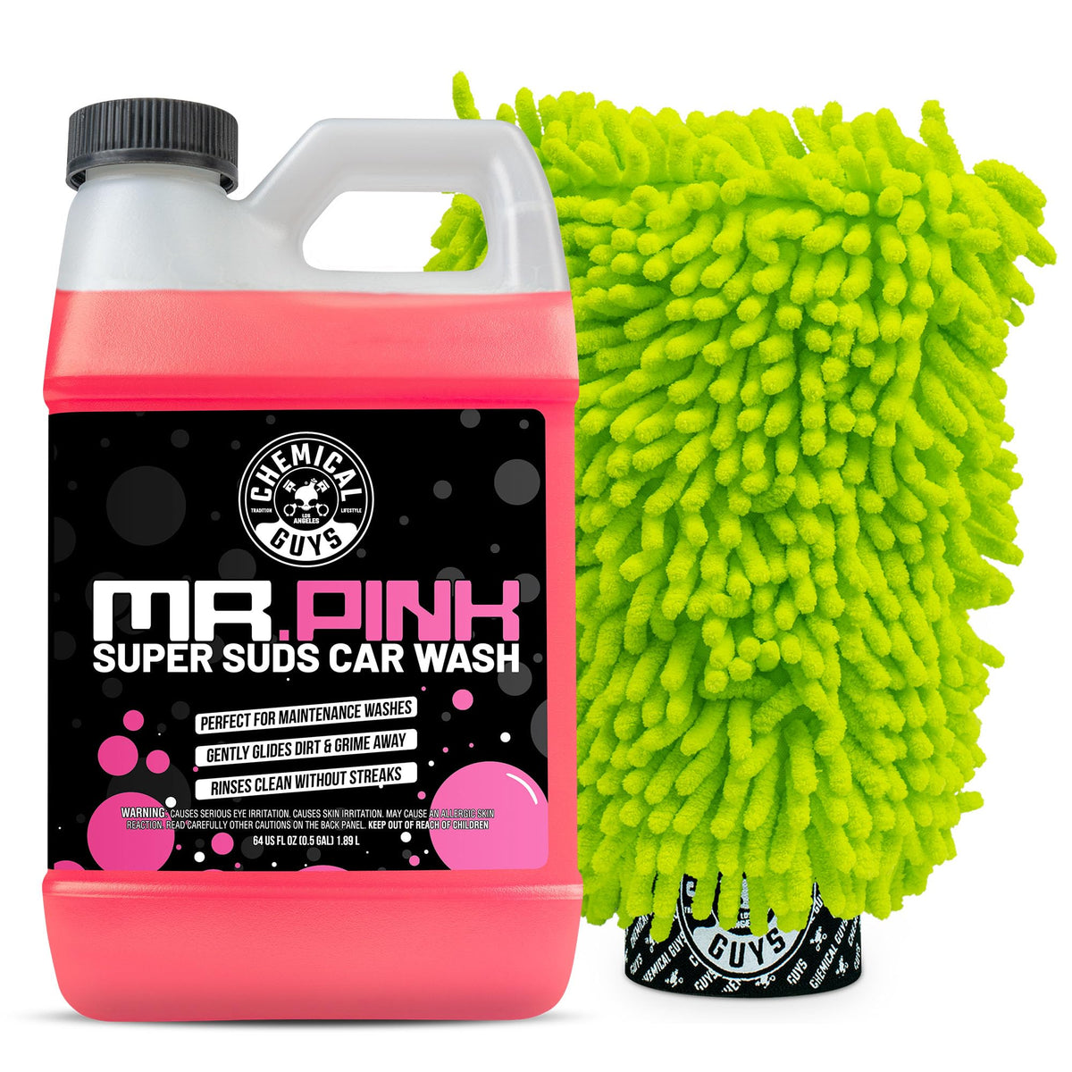 Chemical Guys Mr. Pink bottle and wash mitt showing kit contents and value