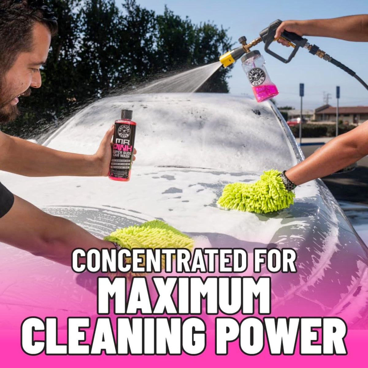 Chemical Guys Mr. Pink foam on polished car hood showing gentle cleaning benefit