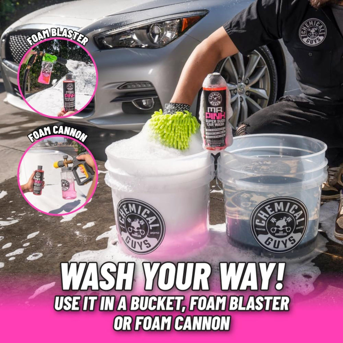 Chemical Guys Mr. Pink used with foam cannon showing thick suds coverage benefit