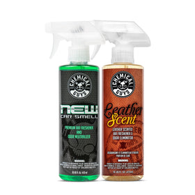 Chemical Guys front pack showing both New Car and Leather scents, evokes showroom freshness