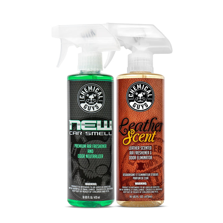 Chemical Guys front pack showing both New Car and Leather scents, evokes showroom freshness